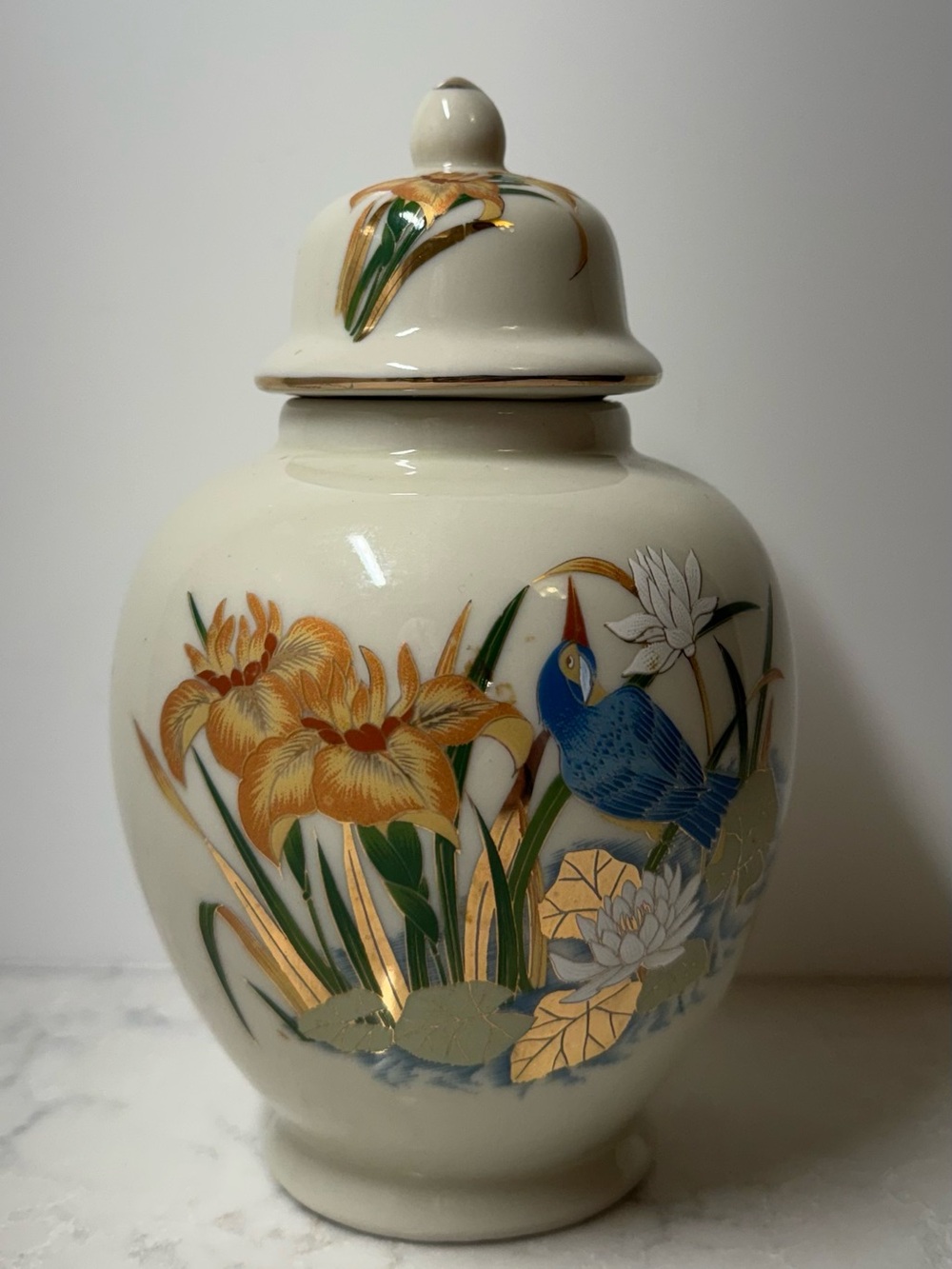 Vintage Cream Ceramic Ginger Jar with Blue Bird and Gold Floral Accents
